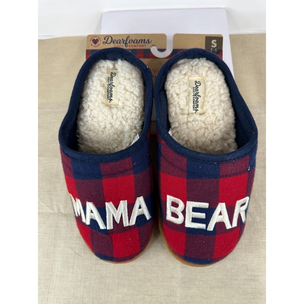 Dearfoams NWT Women's Red Black Plaid SMALL 5-6 Mama Bear Slippers